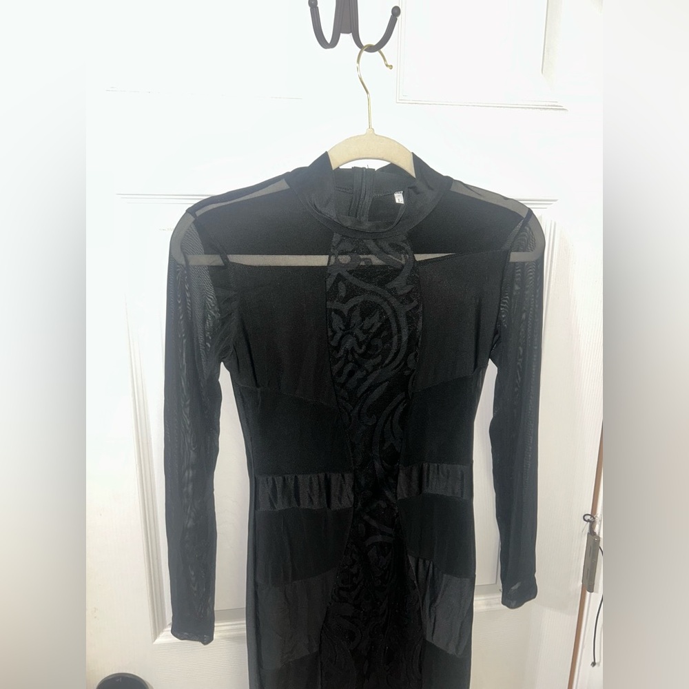 Chic Black Long Sleeve Dress with Sheer Details